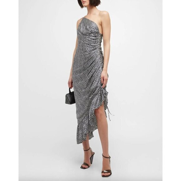 Cinq A Sept Christel One Shoulder Silk Midi Dress Ivory Navy Womens Size 0 - Picture 1 of 17